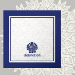 Nautical Shells on Navy Tile<br><div class="desc">Add an upscale touch to your coastal decor style bath or kitchen with this decoratie ceramic tile printed with a colour palette of navy blue, light grey and cream. Subtle damask pattern with navy contrasts is accented with cream colour shells. Can be optionally personalised with your name text. See the...</div>
