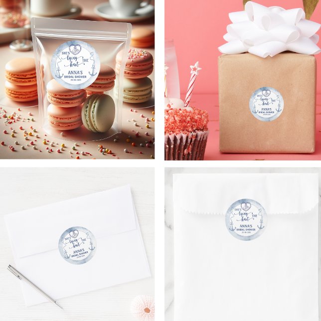 Nautical Shes Tying the Knot Bridal Shower Elegant Classic Round Sticker (beach bridal shower invitations ocean coastal destination starfish nautical tropical elegant seashel)