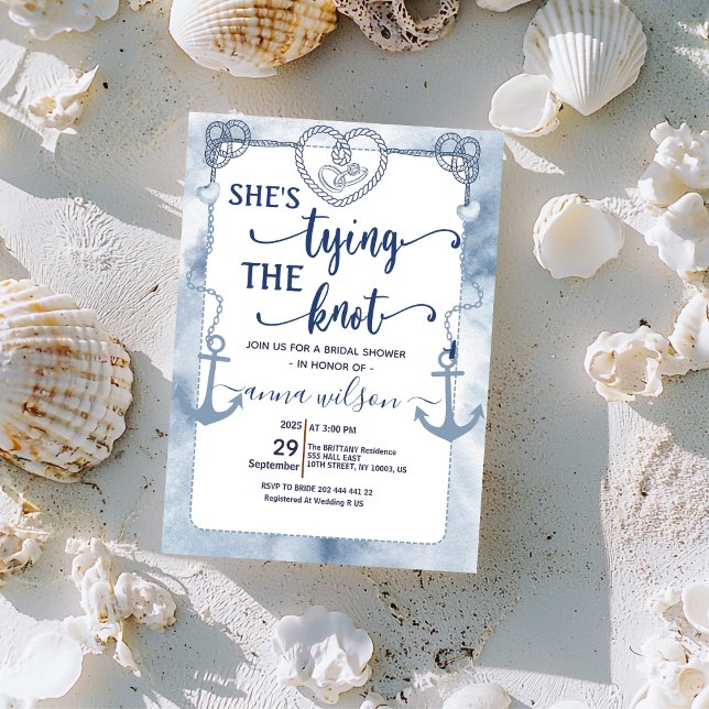 Nautical She's Tying the Knot Bridal Shower  Invitation (nautical wedding bridal invitations destination elegant modern tropical coastal beachy classic beach)