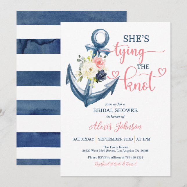 Nautical She's Tying the Knot Bridal Shower (Pink) Invitation (Front/Back)