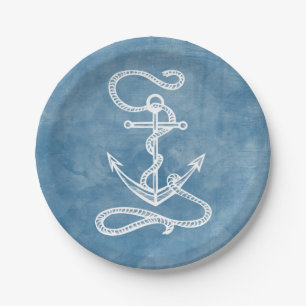 Nautical Ship Anchor Blue Watercolor Wedding Beach Paper Plate