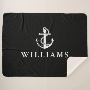 Nautical Ship Anchor Custom Name Black And White Sherpa Blanket