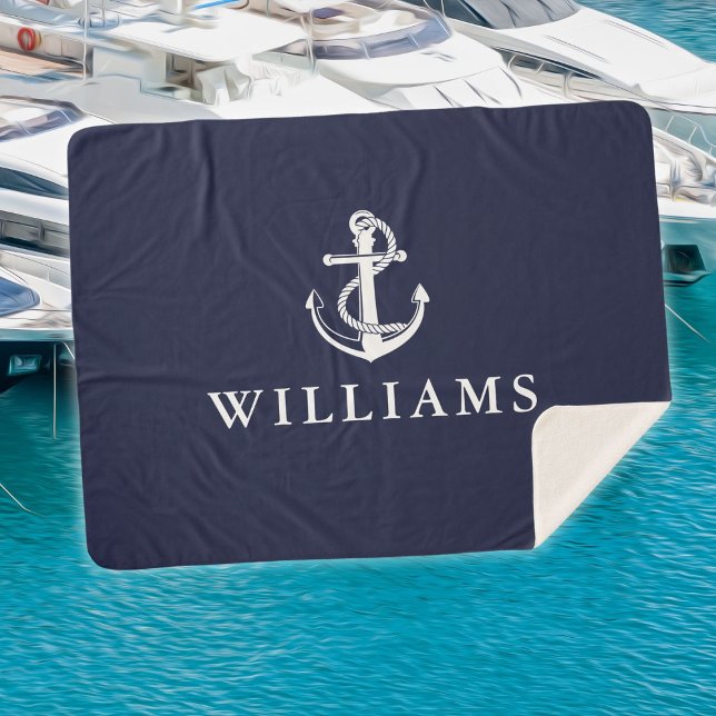 Nautical Ship Anchor Custom Name Navy Blue Sherpa Blanket (Nautical Ship Anchor Custom Name Navy Blue Sherpa Blanket)