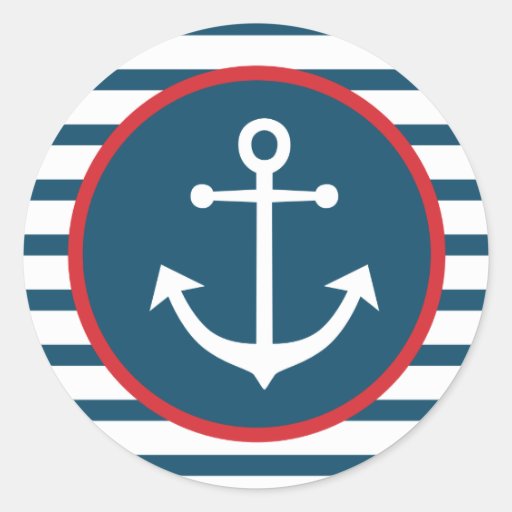 Image of Nautical Ship Anchor Navy Blue And White Stripes Classic Round Sticker