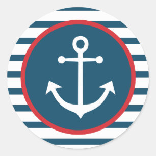 Nautical Ship Anchor Navy Blue And White Stripes Classic Round Sticker
