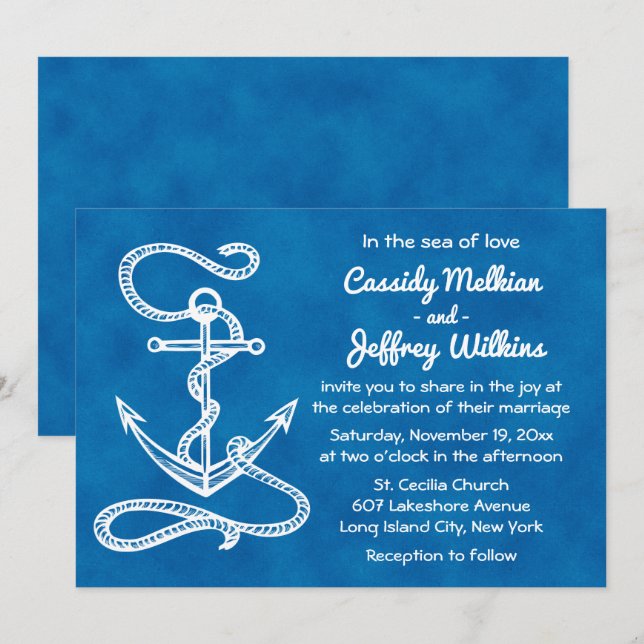 Nautical Ship Anchor Navy Blue Watercolor Wedding Invitation (Front/Back)
