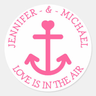 Nautical Ship Anchor Pink & White Wedding - Sailor Classic Round Sticker