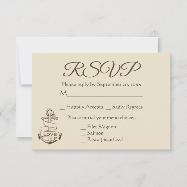 Nautical Ship Anchor Tan RSVP Brown Wedding Party (Front)