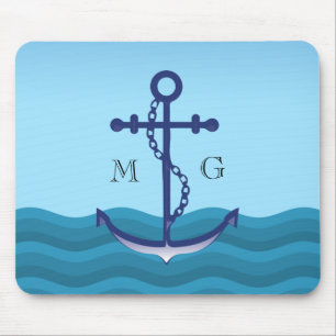 Nautical Ship Anchor with Double Monogram Mouse Mat
