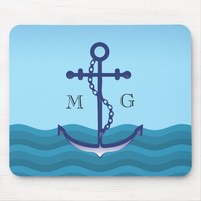 Nautical Ship Anchor with Double Monogram Mouse Mat (Front)