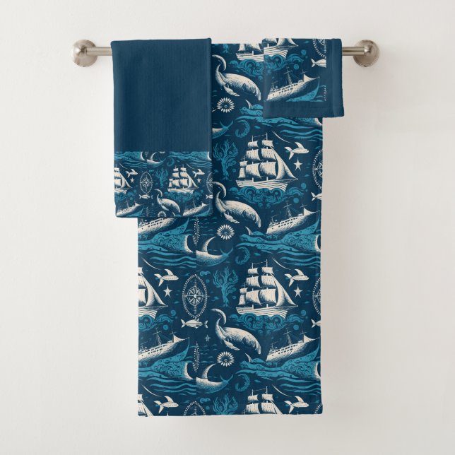 Nautical Ship and Ocean Pattern No1 Bath Towel Set (Insitu)