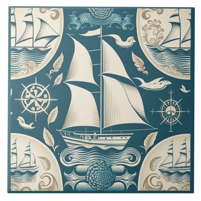 Nautical Ship and Ocean Themed ceramic art No14 Tile (Front)