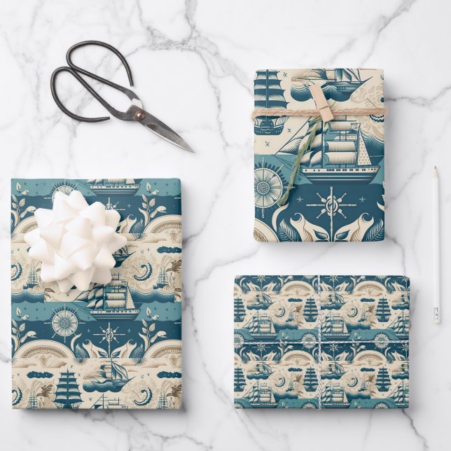 Nautical Ship and Ocean Themed pattern No10 Wrapping Paper Sheet (Front)