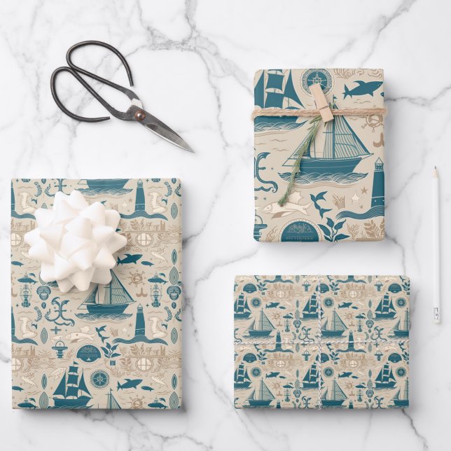 Nautical Ship and Ocean Themed pattern No13 Wrapping Paper Sheet (Front)