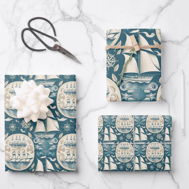 Nautical Ship and Ocean Themed pattern No14 Wrapping Paper Sheet (Front)