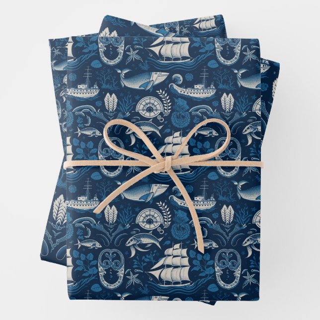 Nautical Ship and Ocean Themed pattern No4 Wrapping Paper Sheet (In situ)