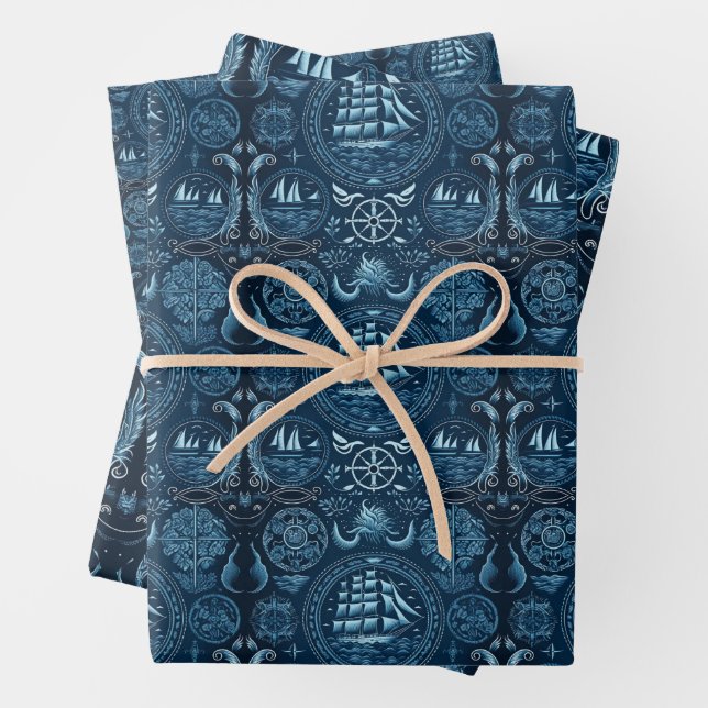 Nautical Ship and Ocean Themed pattern No7 Wrapping Paper Sheet (In situ)