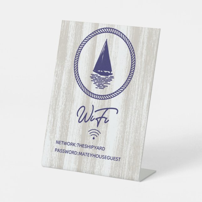 Nautical Ship Blue Vacation Home WIFI Password Pedestal Sign (Front)