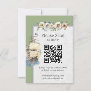 Nautical Ship Floral Wedding Sage Lavender QR Code RSVP Card