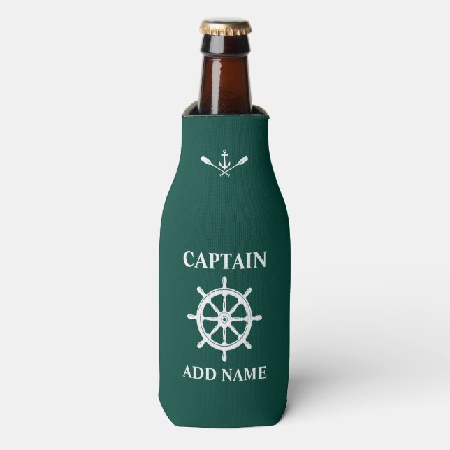 Nautical Ship Helm Anchor Oars Captain Name Green Bottle Cooler (Bottle Front)