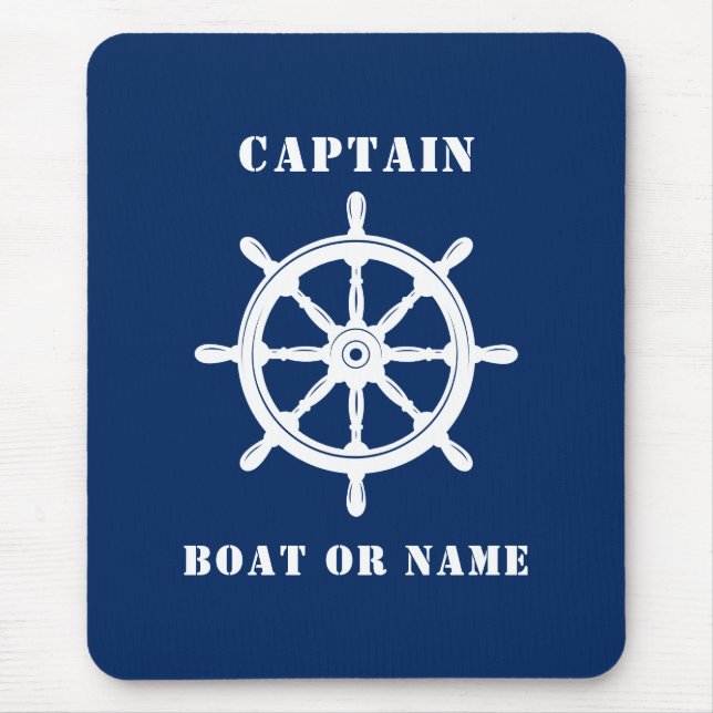 Nautical Ship Helm Captain & Boat or Name Navy Mouse Mat (Front)
