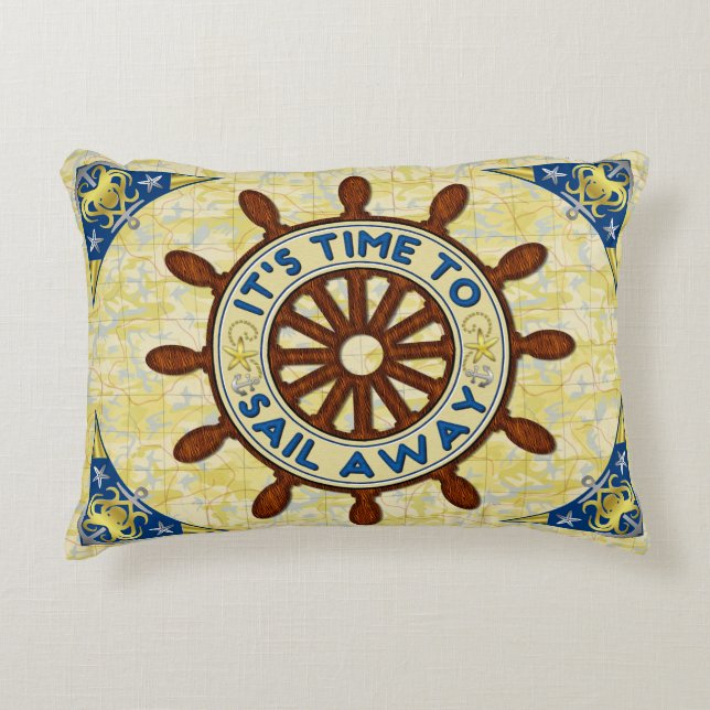 Nautical Ship Helm Wood Wheel Old Map Sail Away Decorative Cushion (Front)