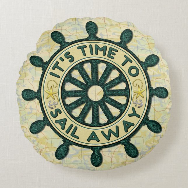 Nautical Ship Helm Wood Wheel Old Map Sail Away Round Cushion (Front)