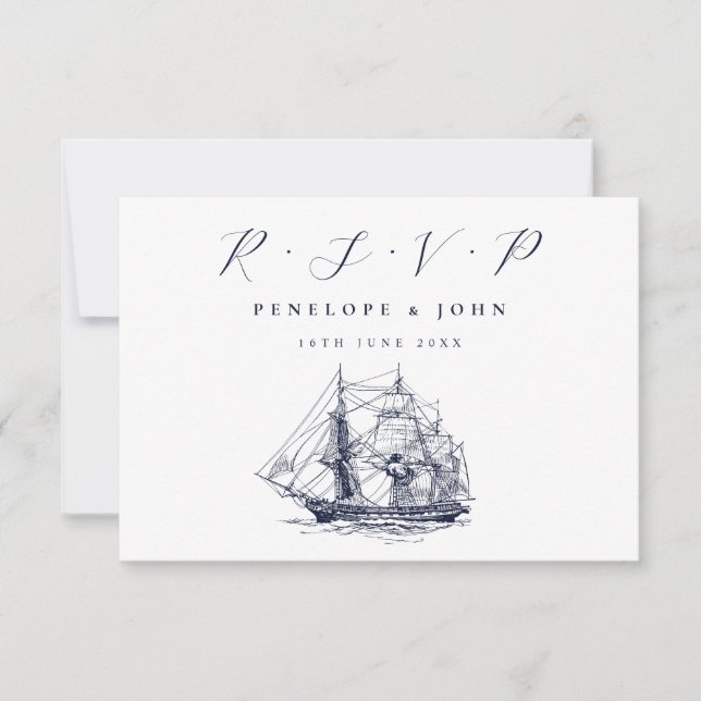 Nautical Ship Illustration Destination Wedding RSVP Card (Front)