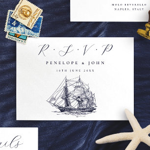 Nautical Ship Illustration Destination Wedding RSVP Card