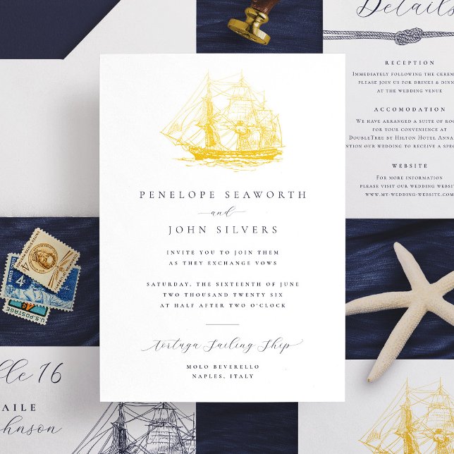 Nautical Ship Illustration Formal Wedding (Elegant white formal wedding invitation with a gold foil illustration of a ship)
