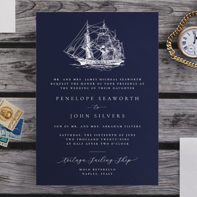 Nautical Ship Illustration Navy Formal Wedding Invitation (Nautical Ship Illustration Navy Formal Wedding Invitation, Bride's Parents Hosting)