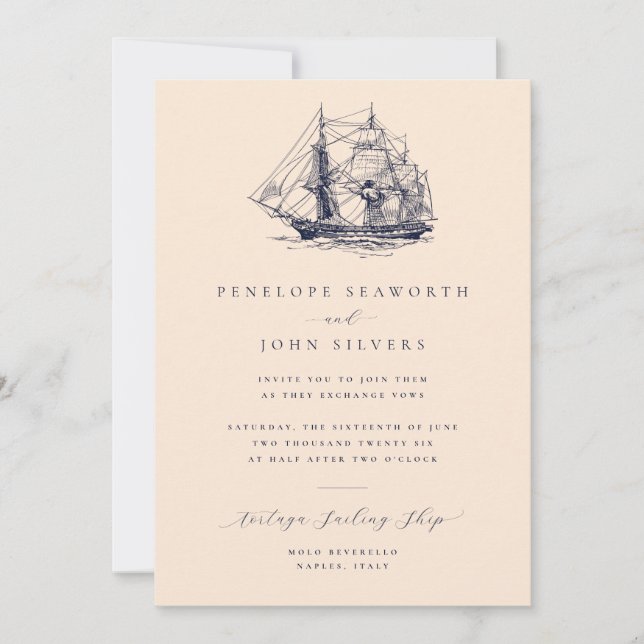 Nautical Ship Illustration Sand Wedding Invitation (Front)