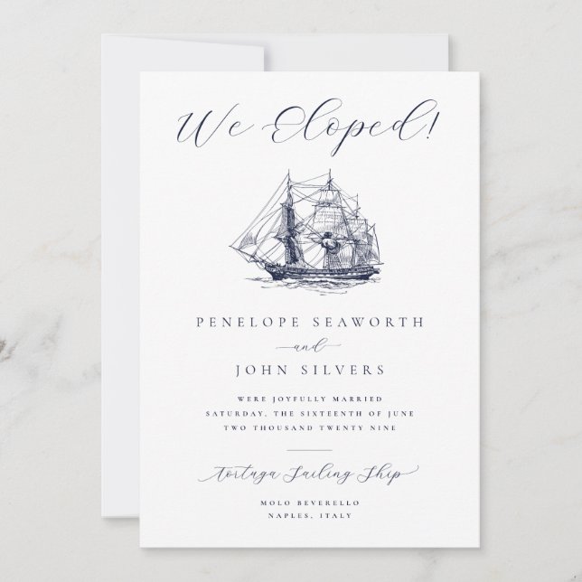 Nautical Ship Illustration Wedding Elopement  Card (Front)