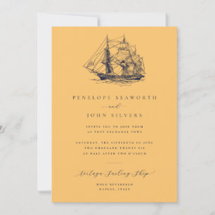 Nautical Ship Illustration Yellow Wedding Invitation