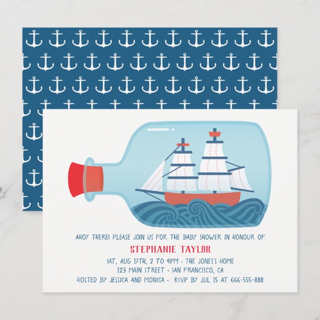 Nautical Ship In A Bottle Baby Shower Invitations (Front/Back)