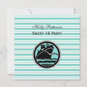 Nautical Ship Lt Blue White Stripe #2 SQ Sweet 16 Invitation