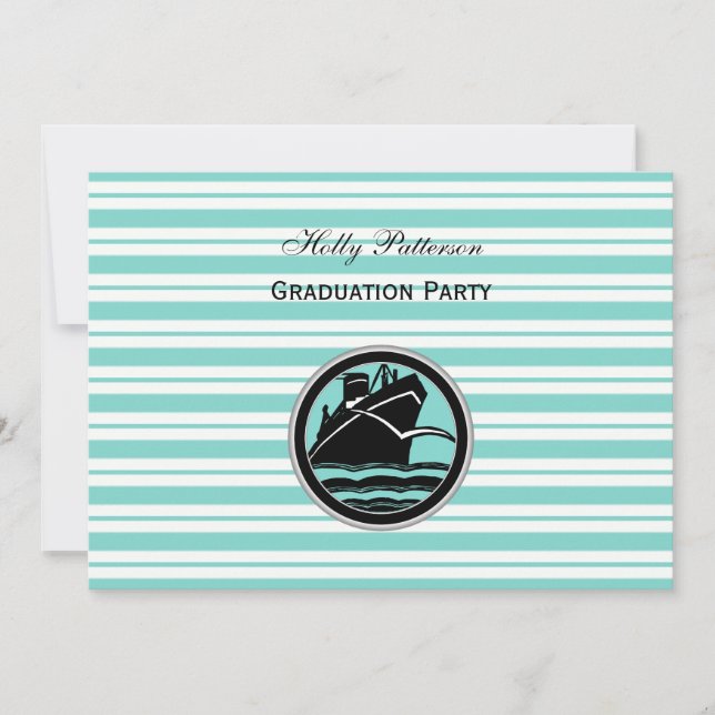 Nautical Ship Lt Blue White Stripe H Graduation Invitation (Front)