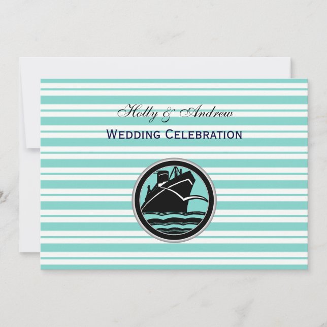 Nautical Ship Lt Blue White Stripe H Wedding Invitation (Front)
