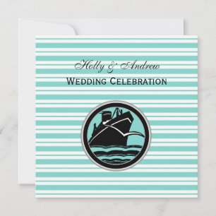 Nautical Ship Lt Blue White Stripe SQ Wedding Invitation