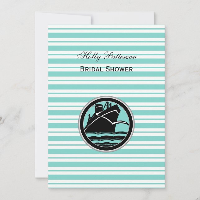 Nautical Ship Lt Blue White Stripe V Bridal Shower Invitation (Front)