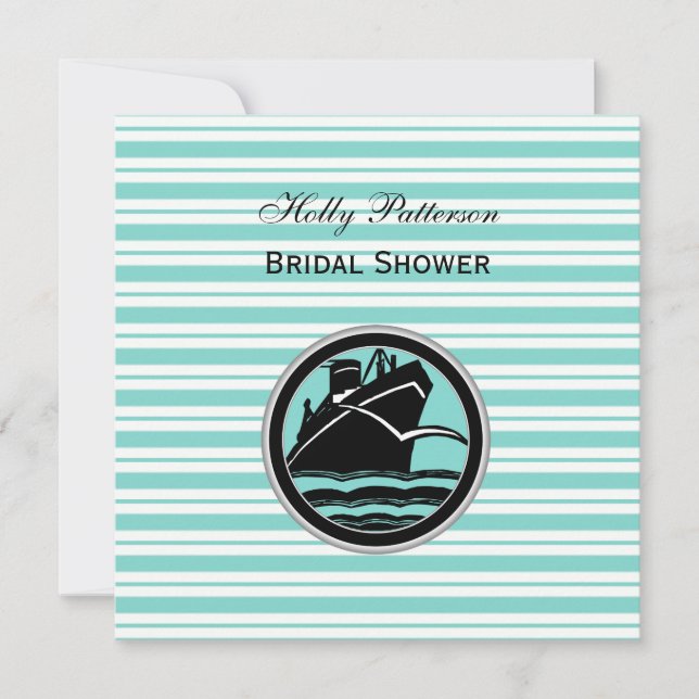 Nautical Ship Lt Blue Wht Stripe SQ Bridal Shower Invitation (Front)