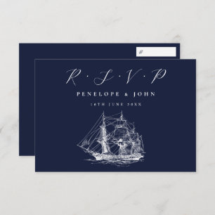 Nautical Ship Navy Blue Destination Wedding RSVP Card