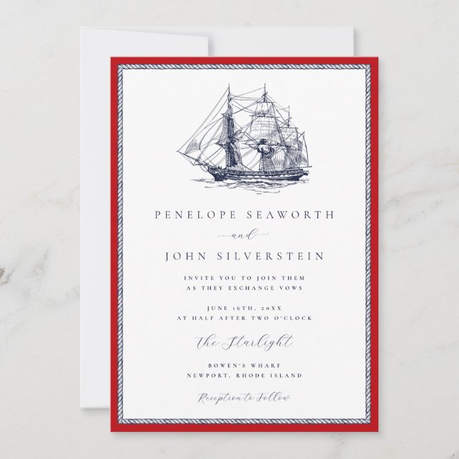 Nautical Ship Red Rope Frame Classic Wedding Invitation (Front)