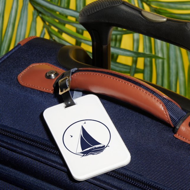 Nautical ship/sailboat/boat navy-blue  luggage tag (Front Insitu 1)