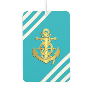 Nautical ship wheel/anchor aqua-blue stripe/gold  car air freshener