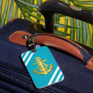 Nautical ship wheel/anchor aqua-blue stripe/gold luggage tag