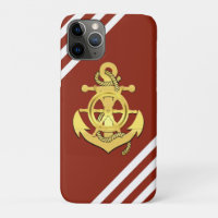 Nautical ship wheel/anchor brick-red stripe/gold
