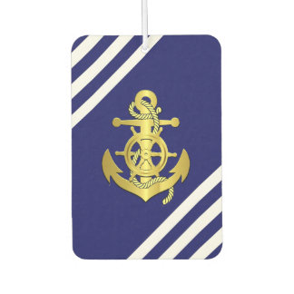 Nautical ship wheel/anchor navy-blue stripe/gold  car air freshener