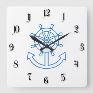 Nautical ship wheel and anchor square wall clock