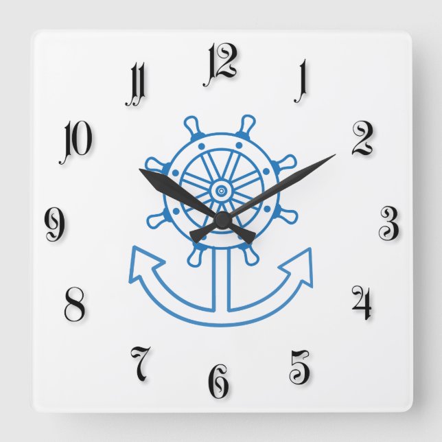 Nautical ship wheel and anchor square wall clock (Front)